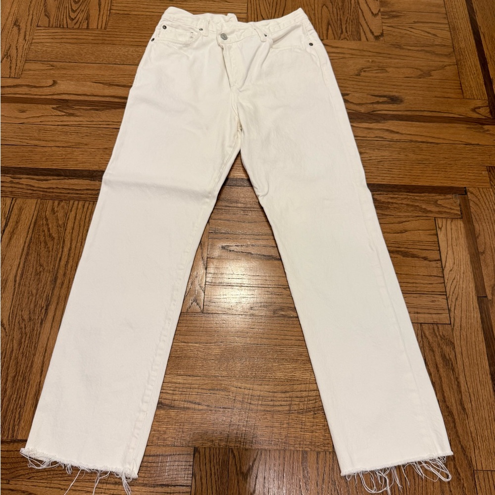 Agolde Criss Cross White Straight Jeans with Frayed Hem